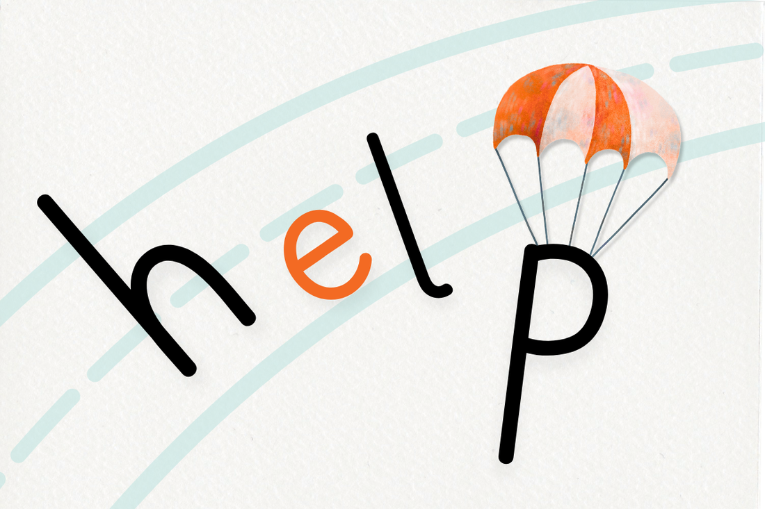 letters spelling h-e-l-p float off the page with a parachute