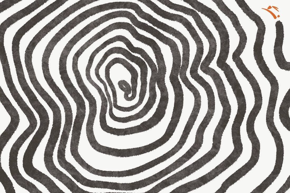 watercolor wavy line maze with impressionistic orange rabbit at end
