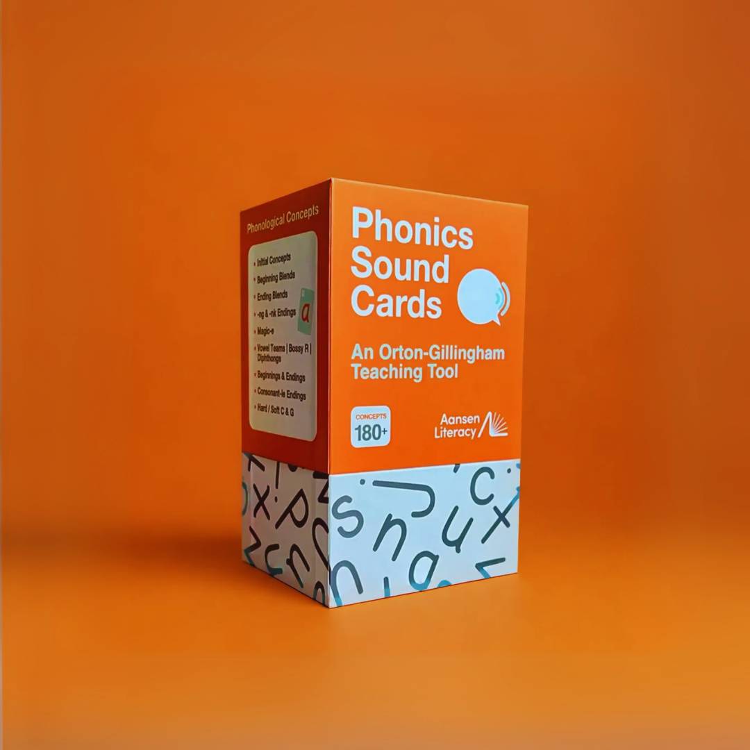 Orange and white box of Phonics Sound Cards by Aansen Literacy sitting on an orange background